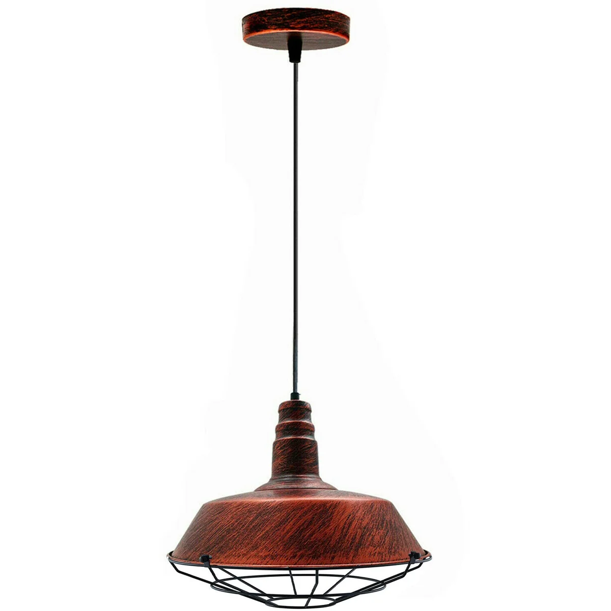 Rustic pendant light, vintage metal frame painted red, 10cm circular shade, hanging on 95cm PVC wire.