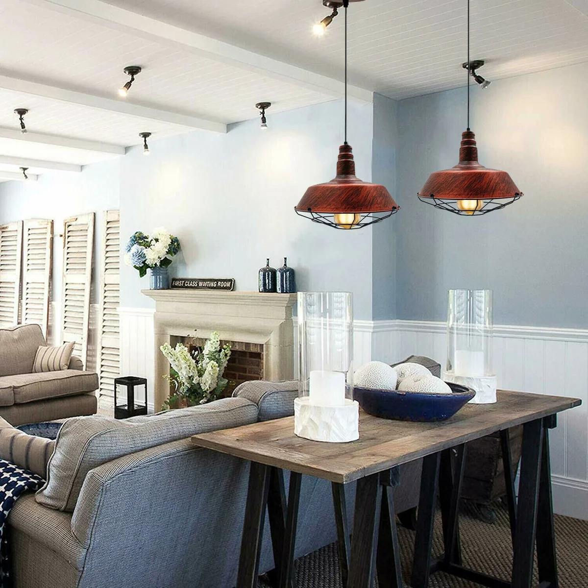Industrial ceiling light: rustic red pendant lamp with 10cm diameter shade, adjustable PVC wire, vintage style.