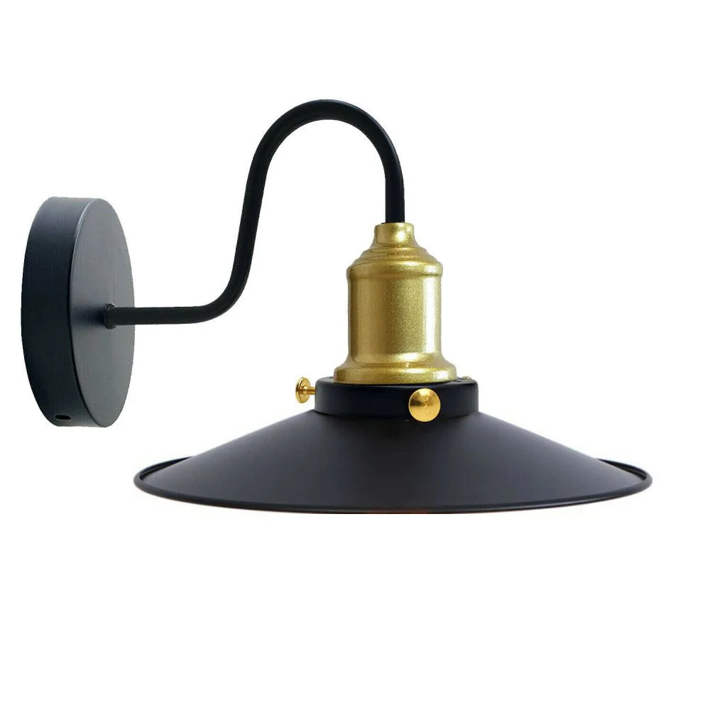 Modern wall lamp with black matte cone shade, white interior, gold holder, 22cm diameter, 10cm height
