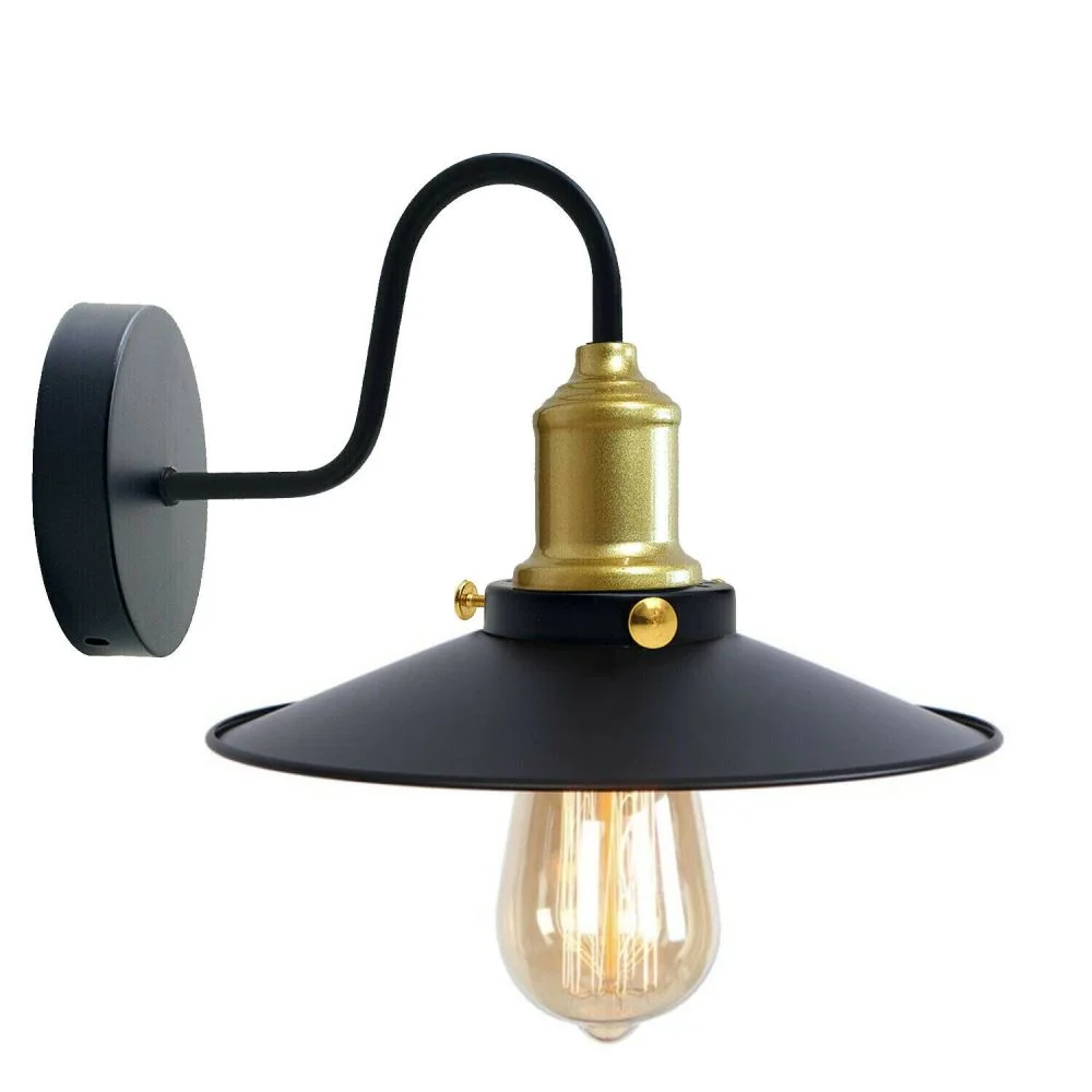 black wall lampshade with gold metal holder and white interior hood, a modern industrial cone pendant.