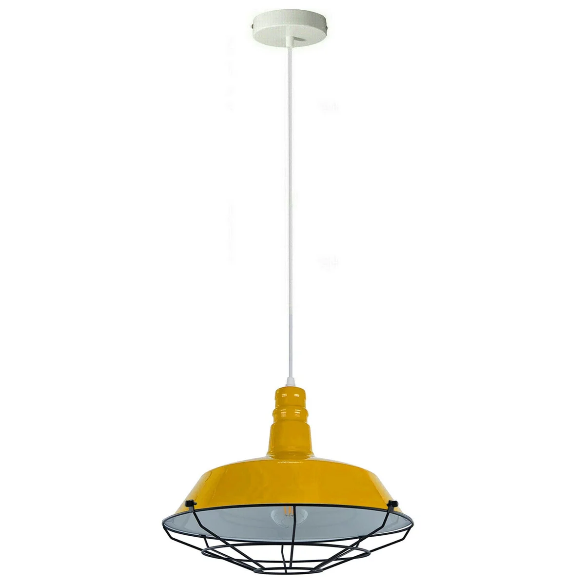 Yellow pendant light with metal frame and round shade hanging from adjustable PVC cord, modern kitchen style.