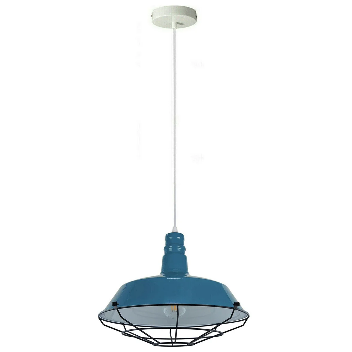 Modern blue pendant ceiling light with metal frame and 10cm diameter lampshade, hanging on adjustable PVC cord.