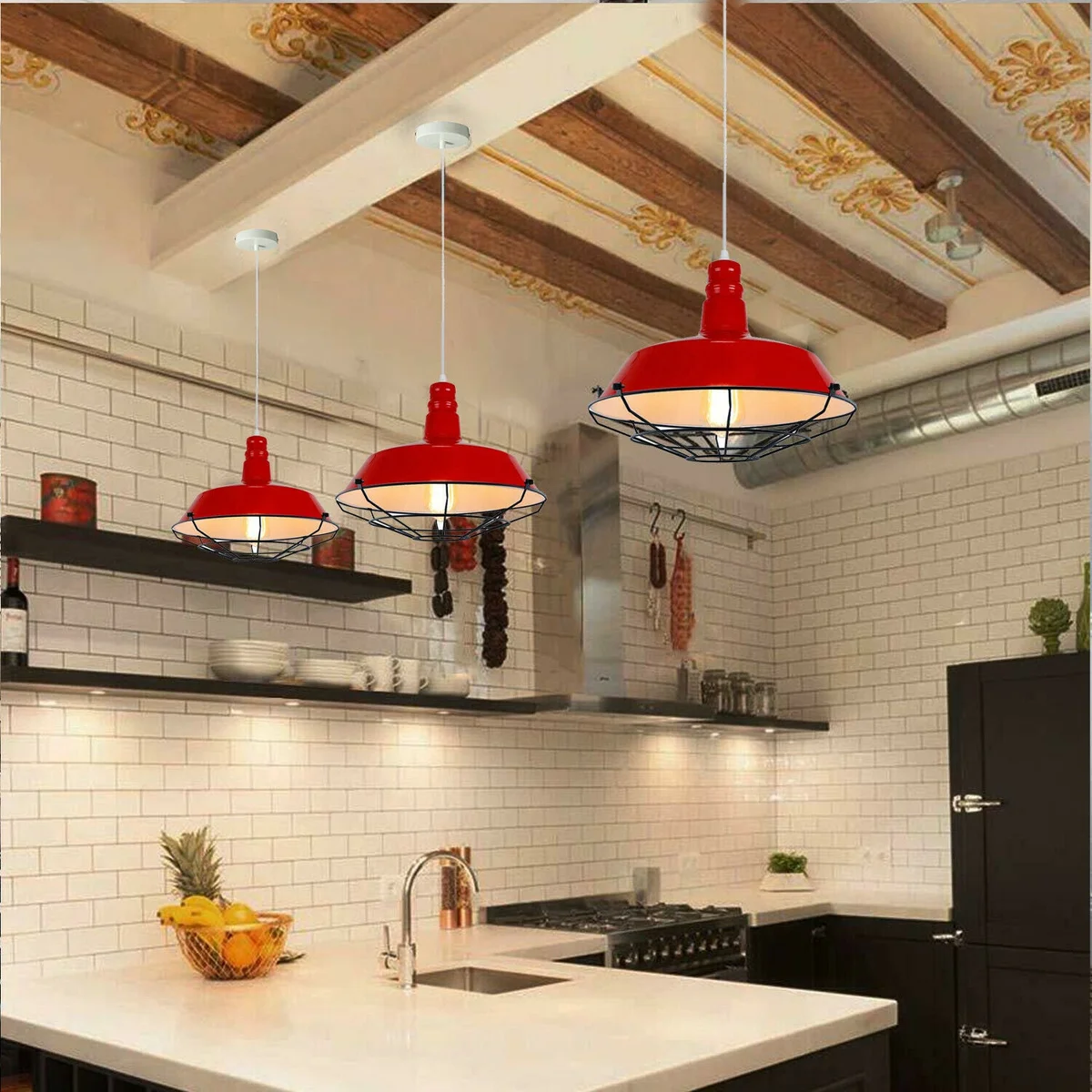 Red pendant light hanging from ceiling, metal shade, modern style, adjustable 95cm wire, 10cm diameter, 2cm height
