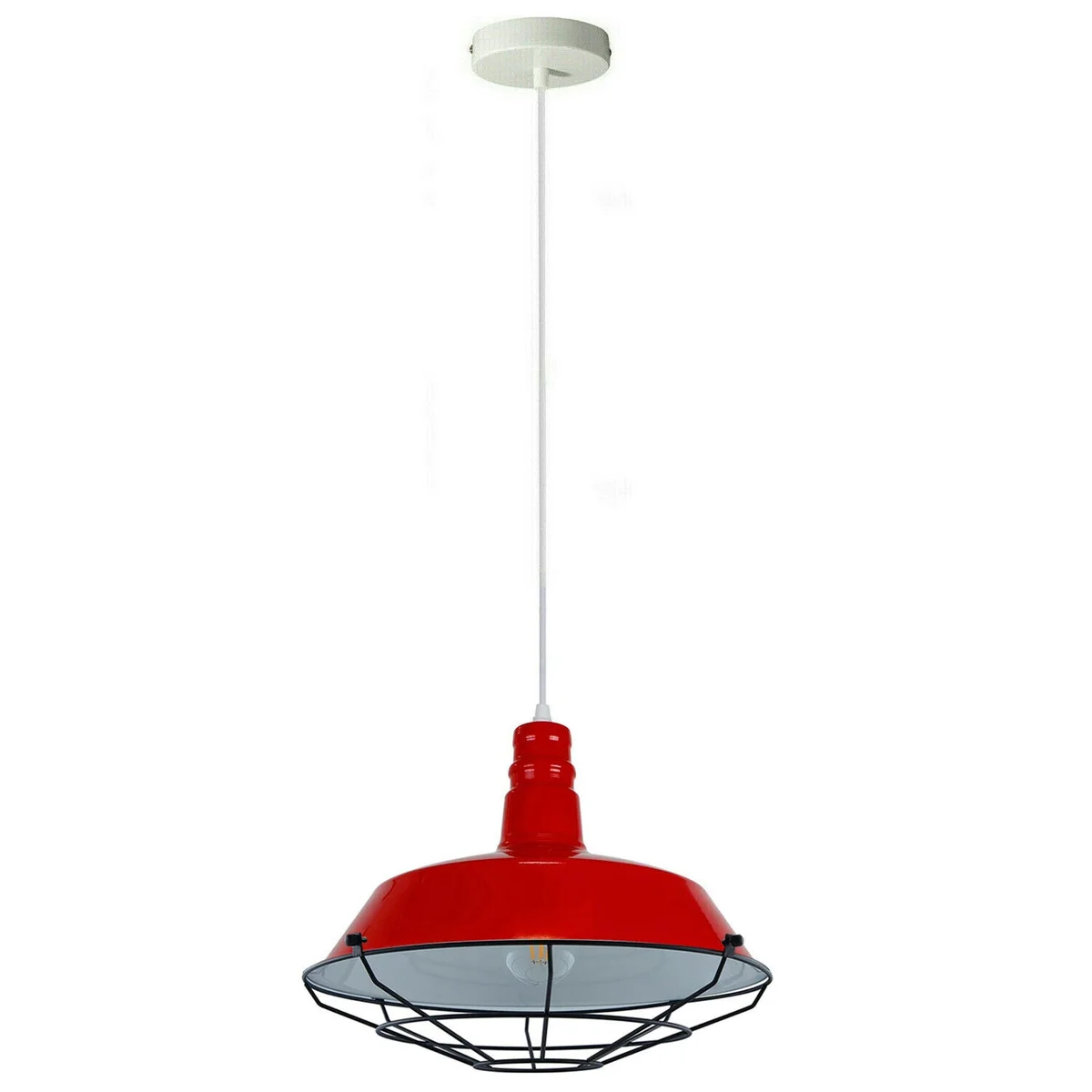 Red metal pendant industrial ceiling light with 10cm diameter shade, modern style hanging from 95cm PVC cable.