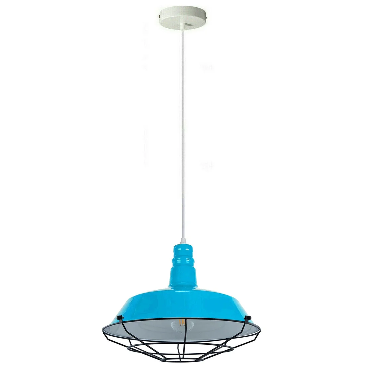 Light blue pendant light; metal modern style with adjustable PVC wire, hanging from ceiling, painted finish