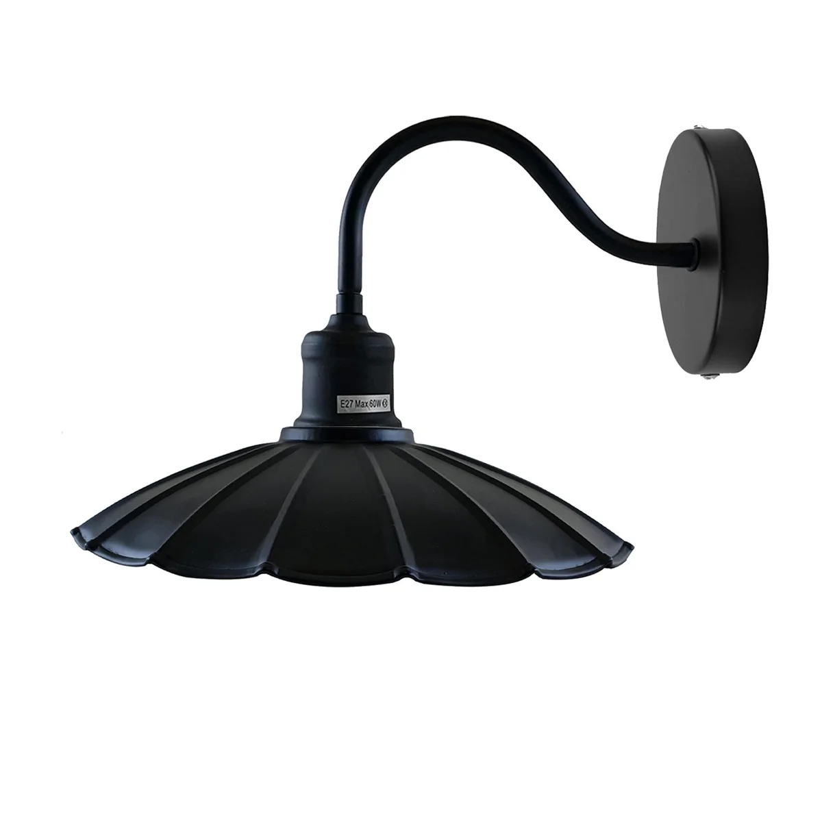 Black metal umbrella-shaped industrial wall lamp with lamp holder and arm, 22cm diameter, 6cm height