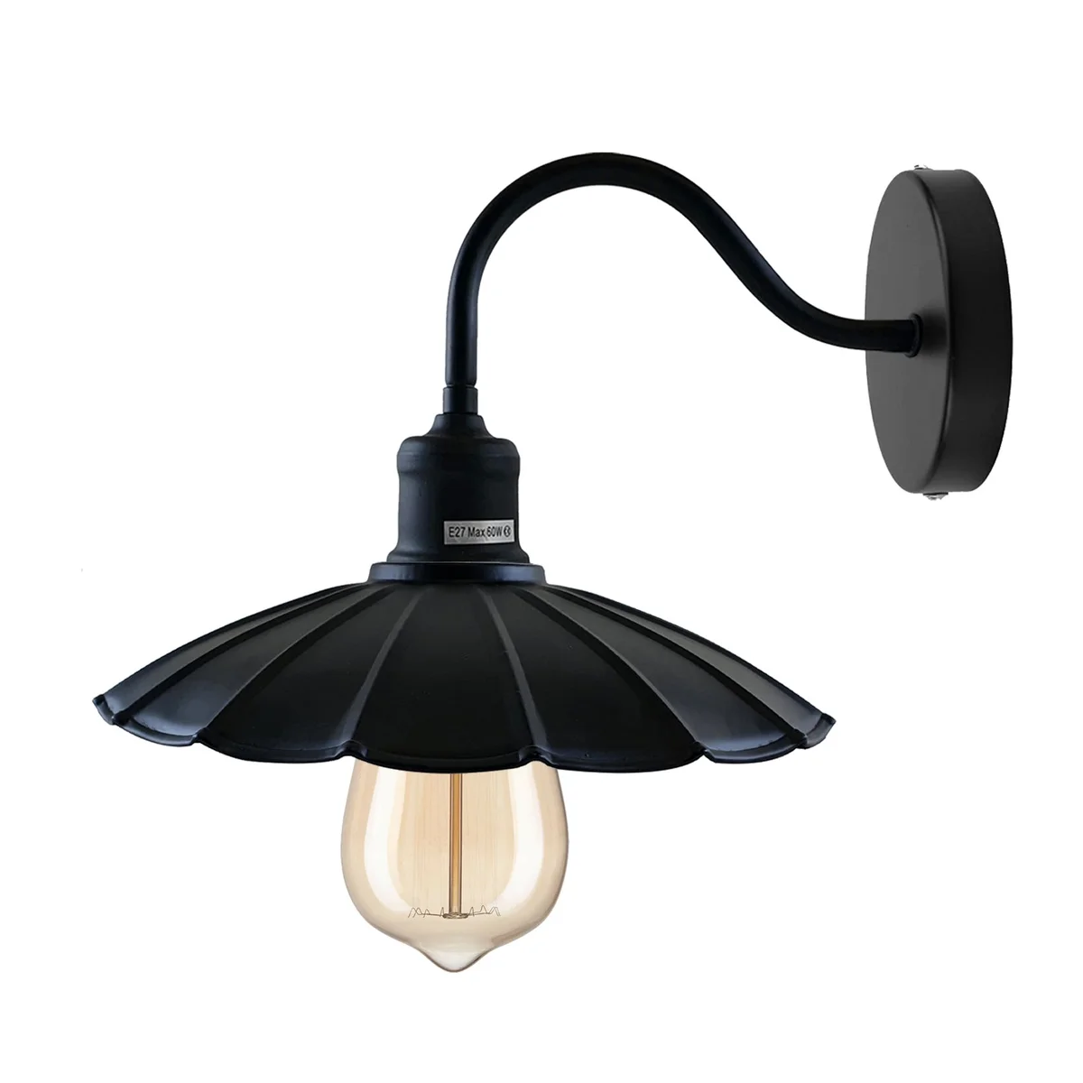 Black metal wall lamp with umbrella shade, vintage style indoor wall lighting.