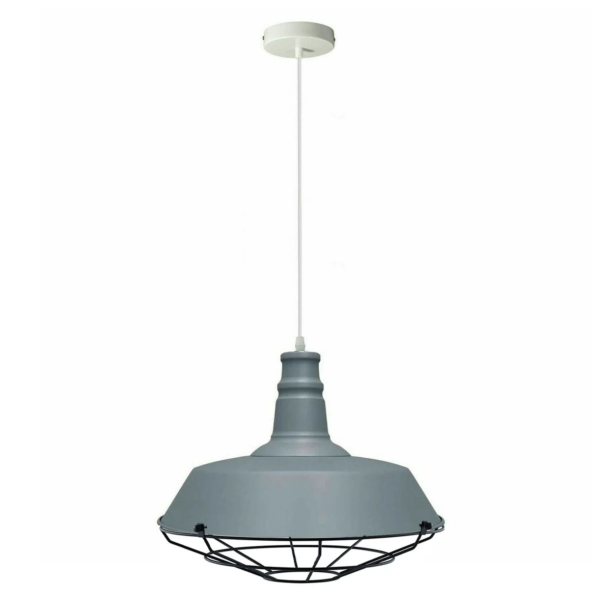 Grey pendant light in modern metal design, single lamp with adjustable PVC cord, suspended from 10cm ceiling mount.