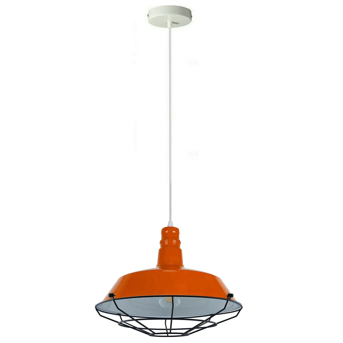 Orange pendant light with modern metal shade and adjustable PVC wire, hanging from ceiling