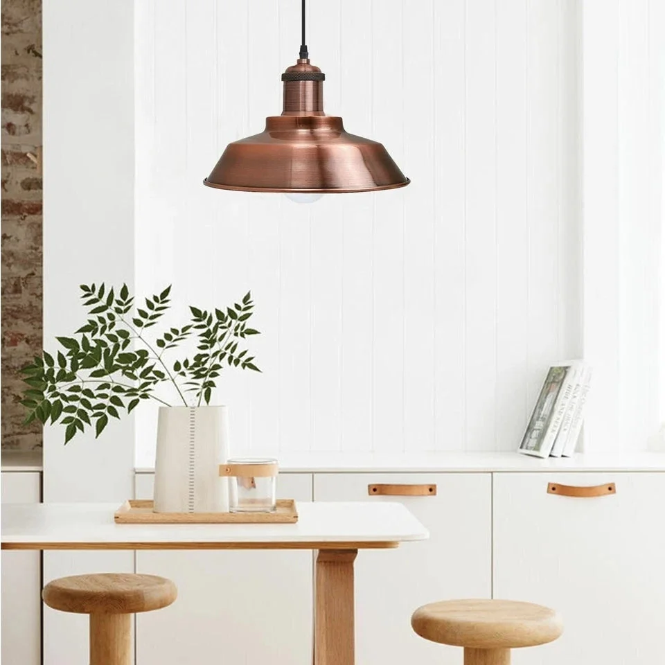 Copper pendant light with adjustable metal hood, white interior, 100 cm wire hanging from 100 mm ceiling bracket, E27 base.