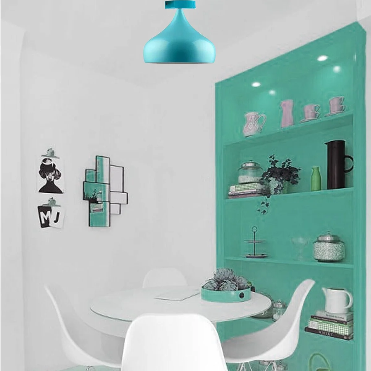 blue ceiling pendant lamp with metal wire shade, 95cm cable, modern style