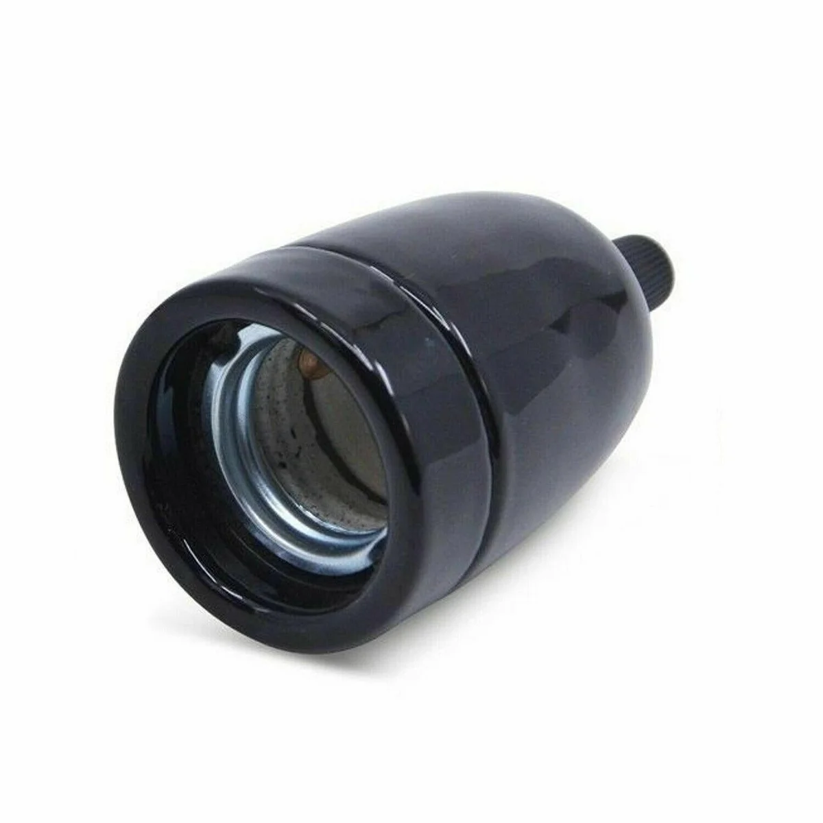 Black heat resistant lamp holder, E27 screw fitting with integrated 10mm cord grip, industrial vintage style.