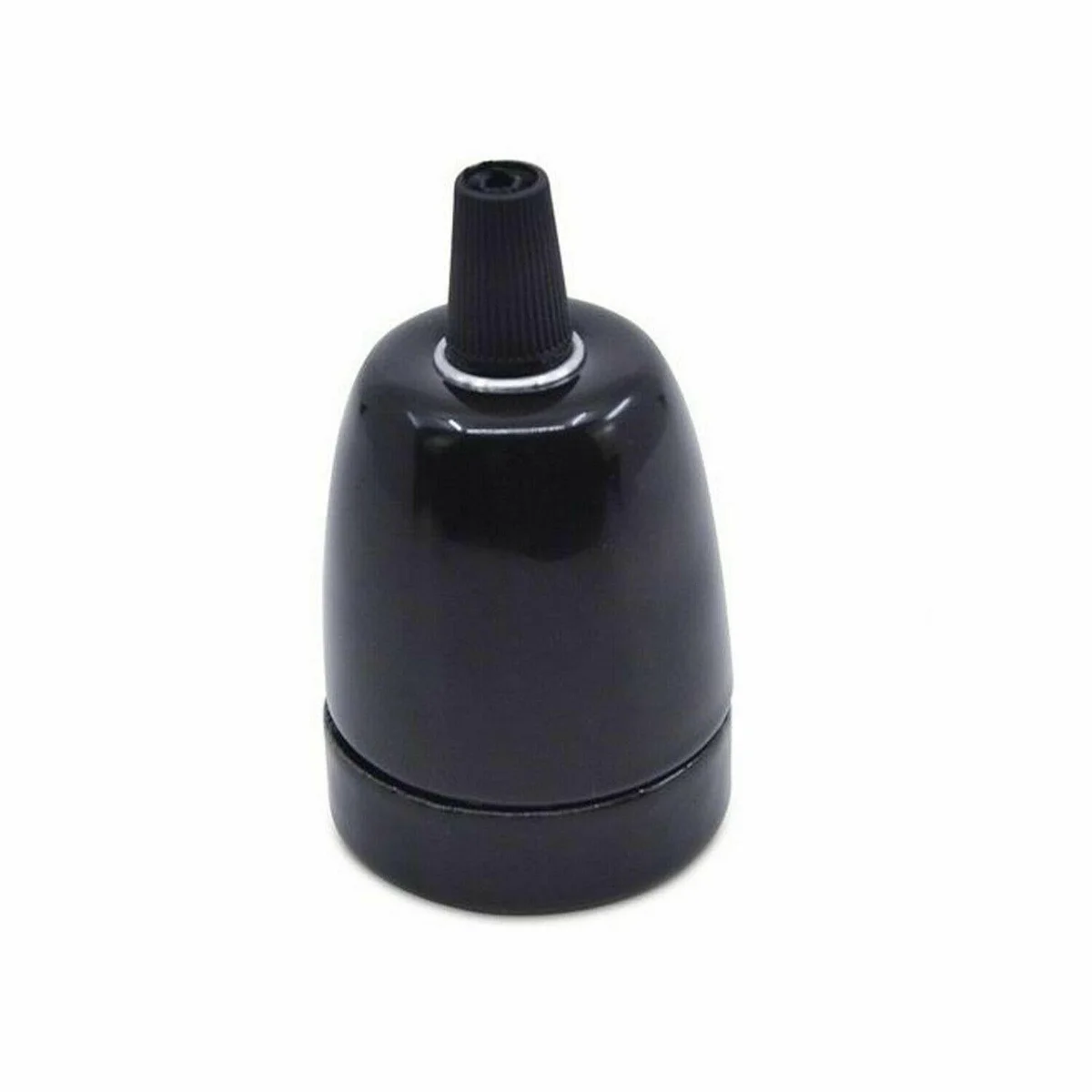 Metal E27 screw socket holder with 10mm cord grip, available in black, white, green, red, yellow, blue