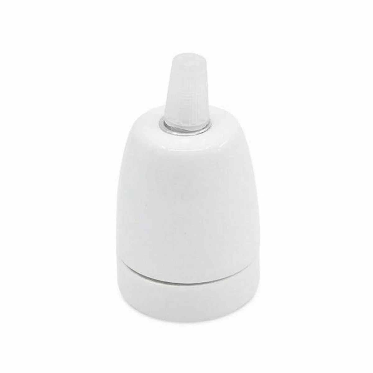 Vintage E27 bulb holder in black metal with 10mm integrated cord grip, displayed on a wooden shelf.