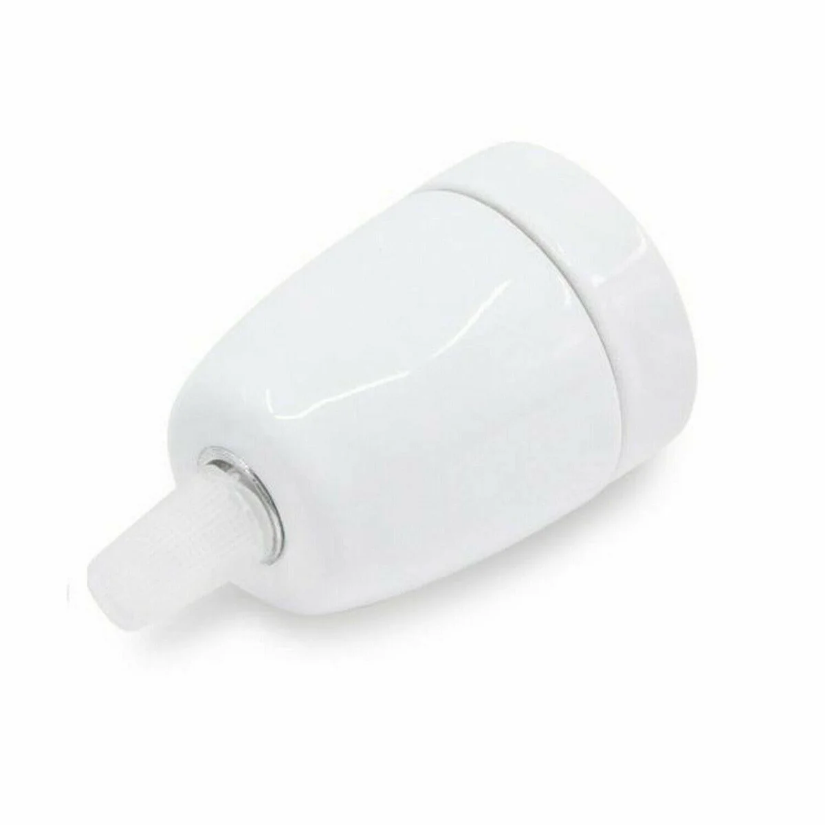 Metal vintage E27 bulb holder in black displayed with exposed screws, integrated cord grip, and an LED bulb.