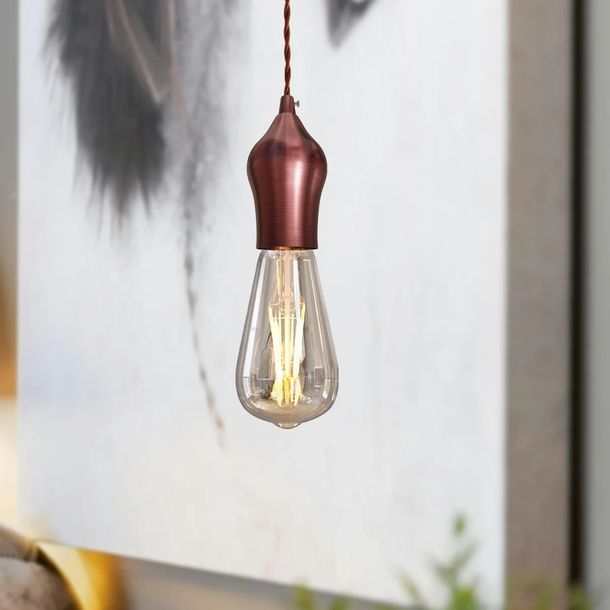 copper lamp holder with metal construction and exposed bulb socket, vintage industrial style