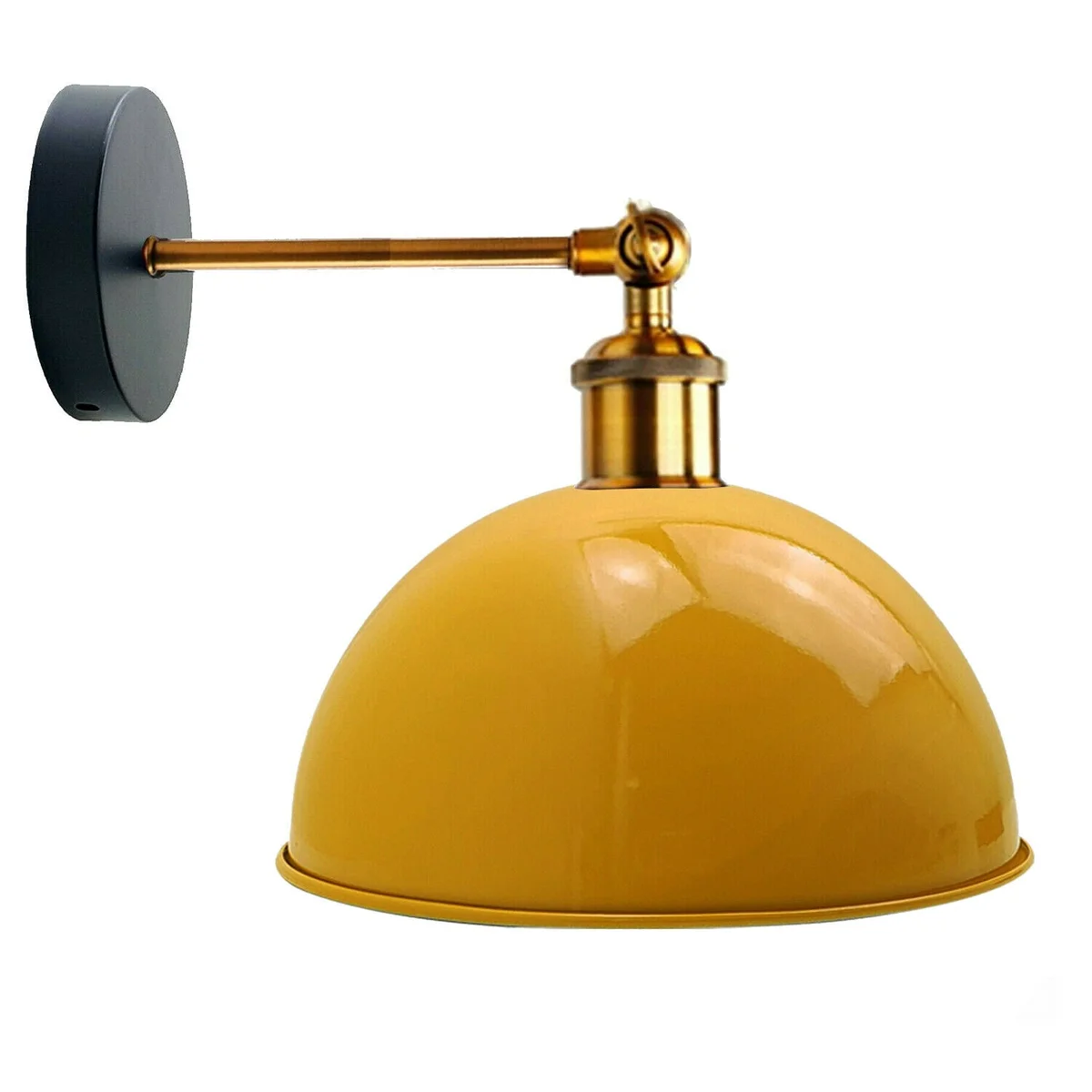 Yellow wall sconce with metal cage and dome shade mounted on wall