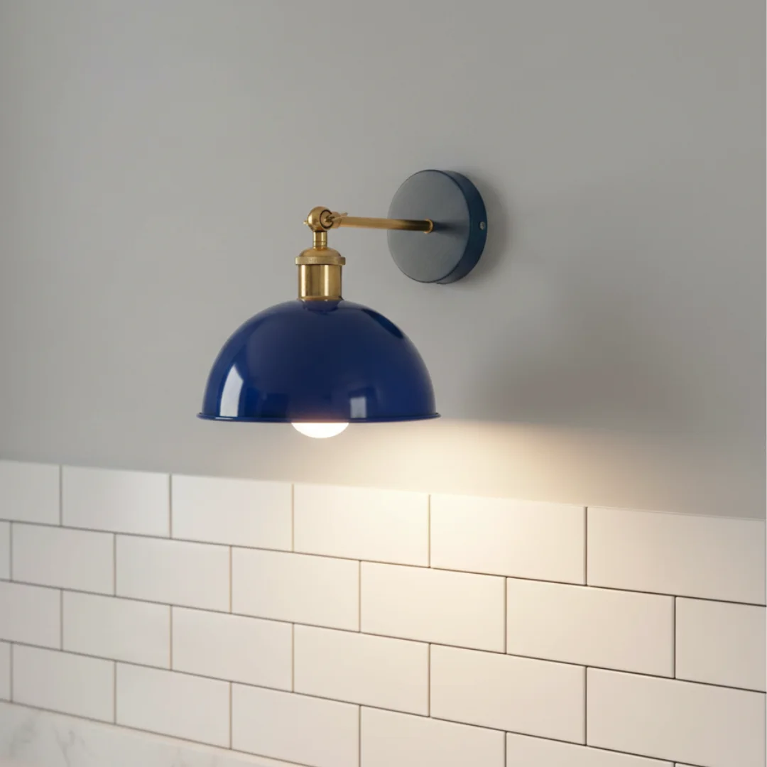 Navy blue industrial wall light with swingable metal arm and dome shade