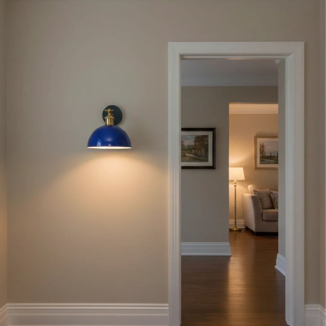Vibrant navy blue vintage metal wall sconce with adjustable 180° swivel arm and brass accents mounted on wall.