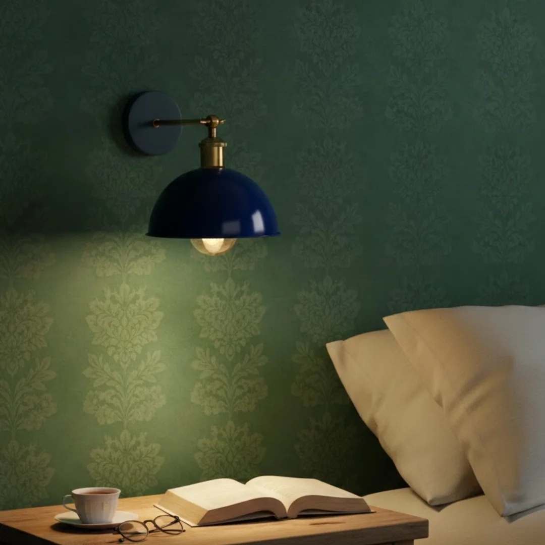 Navy blue wall light with metal dome shade, 180° swingable arm, vintage industrial style, suitable for living room