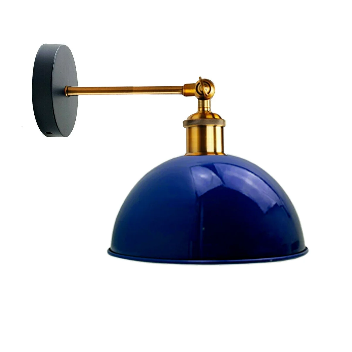 Navy blue vintage wall sconce with a retro dome lamp shade, 180° swivel metal arm and rust-resistant frame.