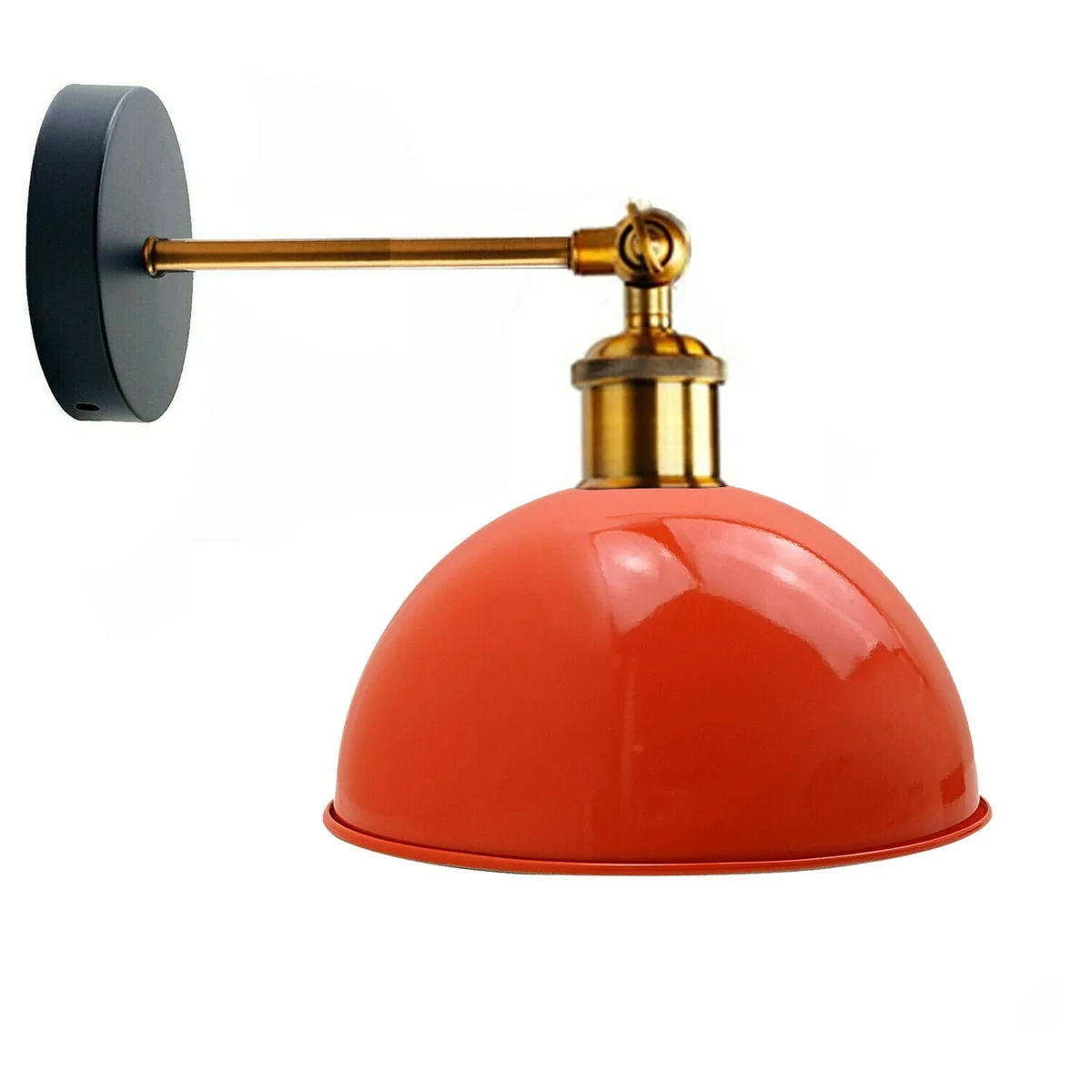 Orange wall sconce with thick metal cage, dome shade and arm holding a bulb.
