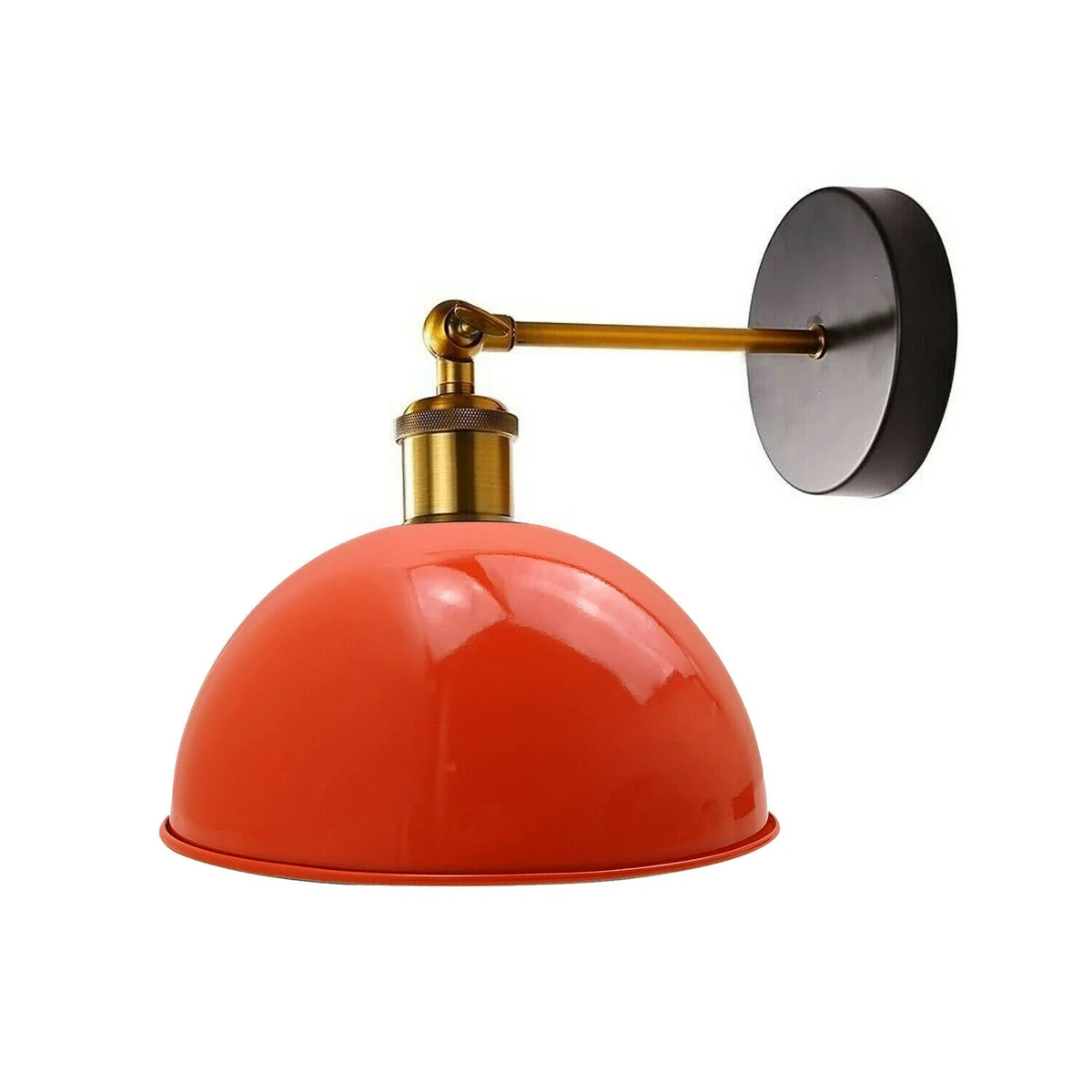 Metal wall lamp with orange dome shade on thickened metal cage