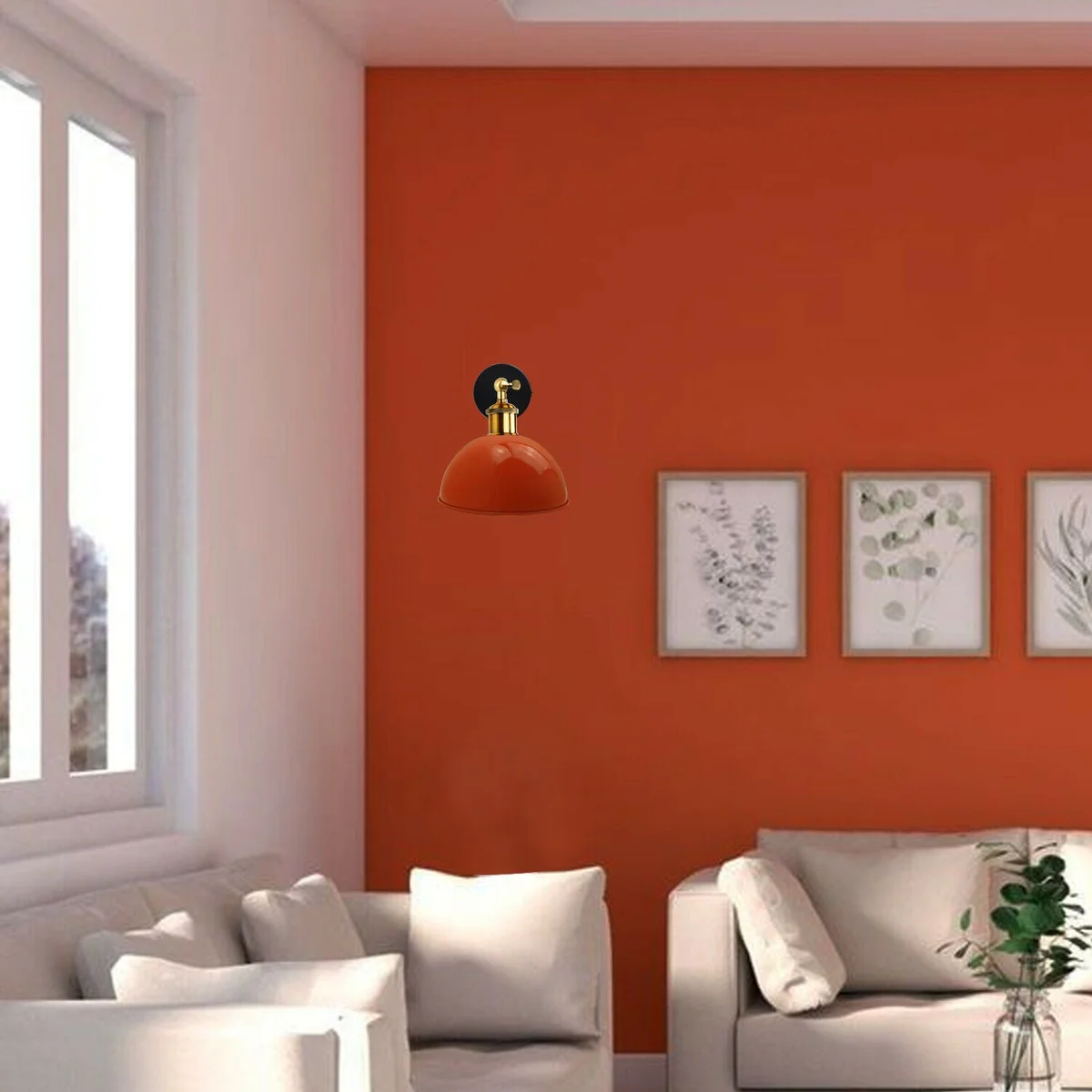 Orange retro style sconce with glossy metal cage, dome shade, 21cm diameter, designed for living room and dining decor.