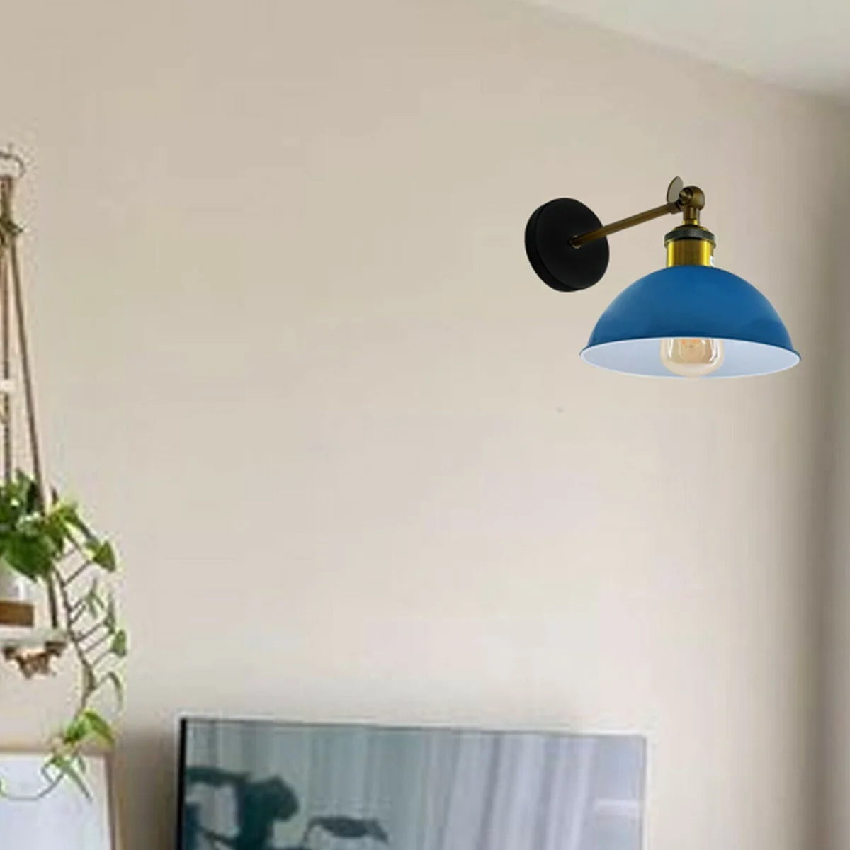 Blue wall lamp with metal cage, 21cm diameter, glossy dome shade, mounted on wall, supplied with holder and shade