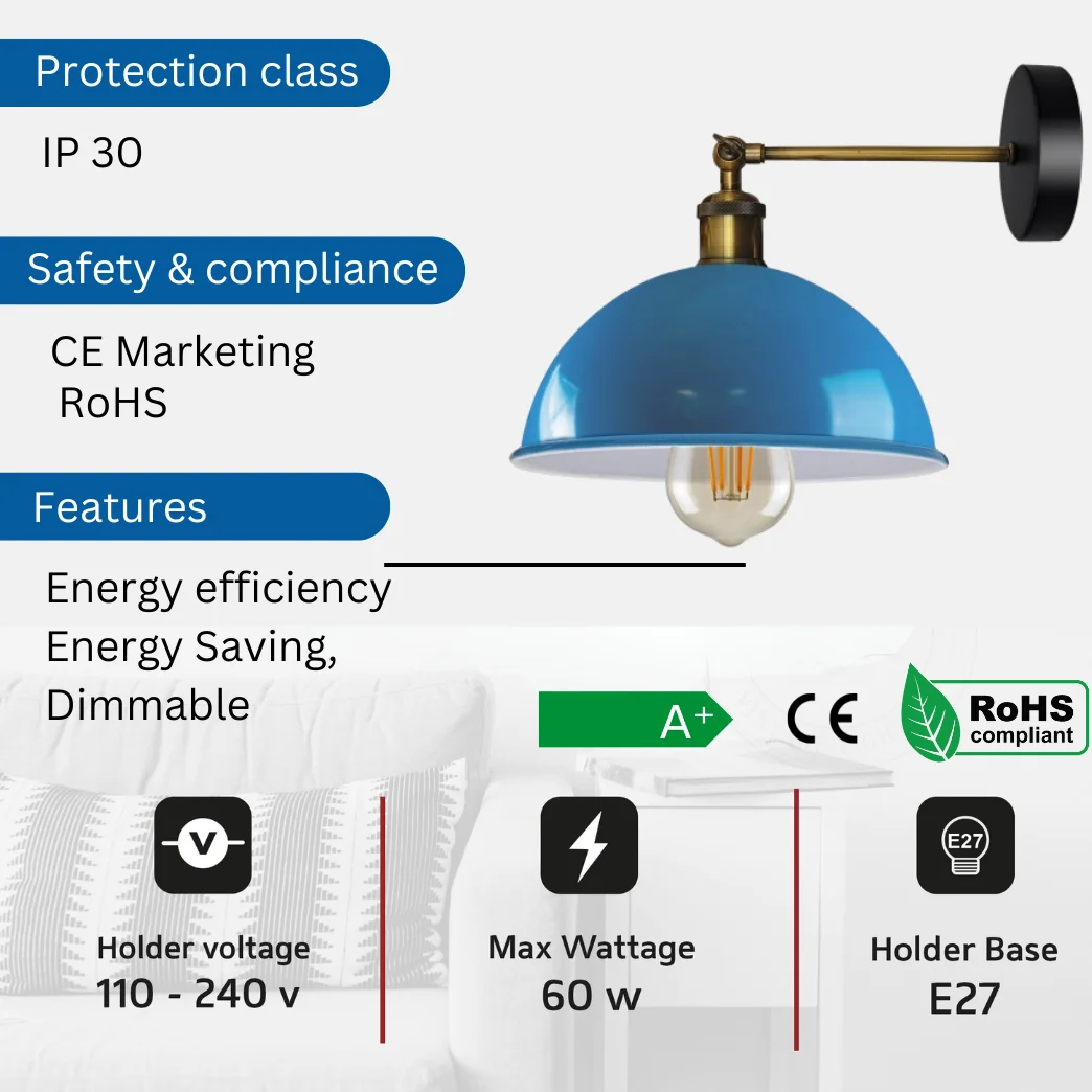 A sleek blue dome shade mounted wall sconce on a high‑quality metal cage, displaying modern wall sconce style.