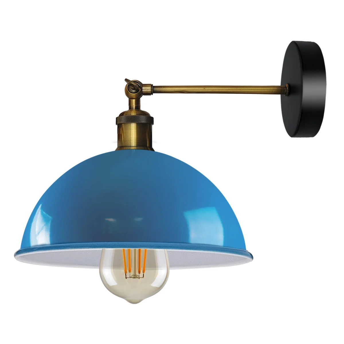 Blue dome‑shaped metal wall light with thick metal cage, wall mount fixture for living rooms and dining rooms.