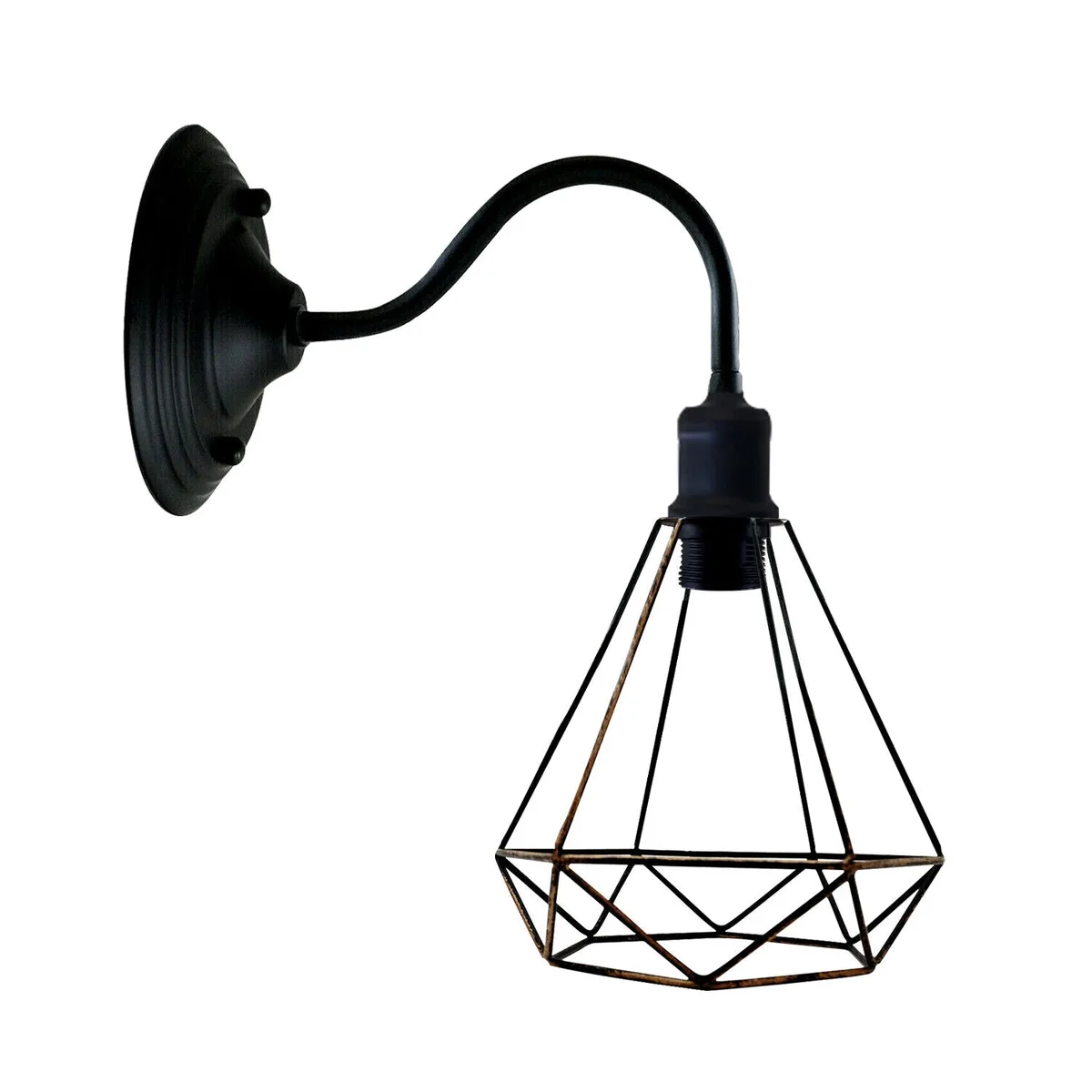 Black vintage industrial wall light with 20 cm diamond‑shaped metal shade and hinged arm mounting.