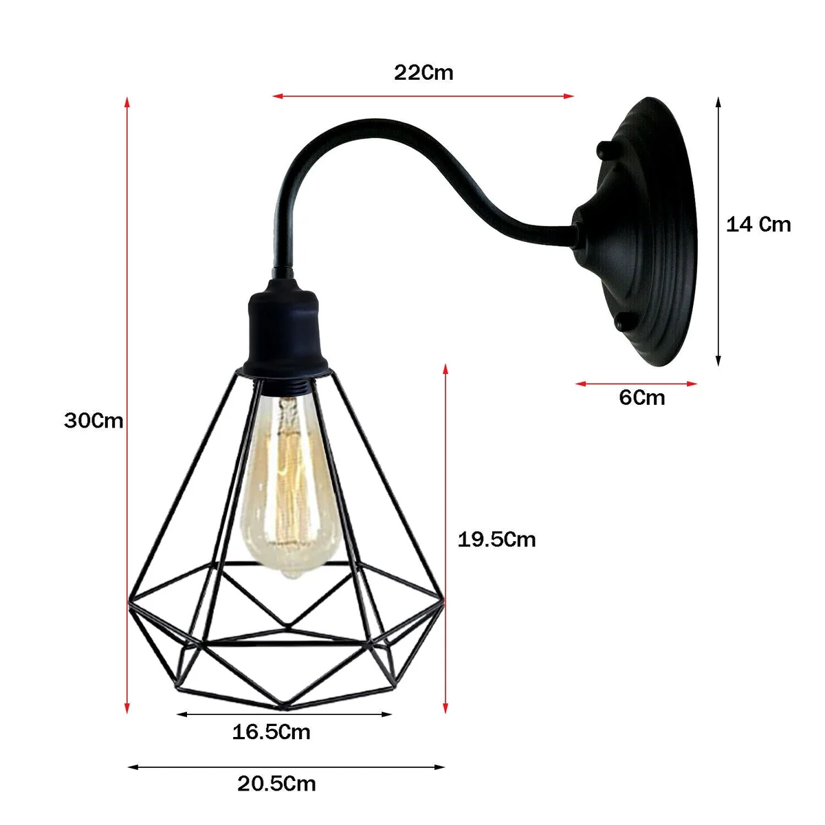 E27 lamp fitting with black diamond‑shaped metal wall shade, 20 cm diameter.