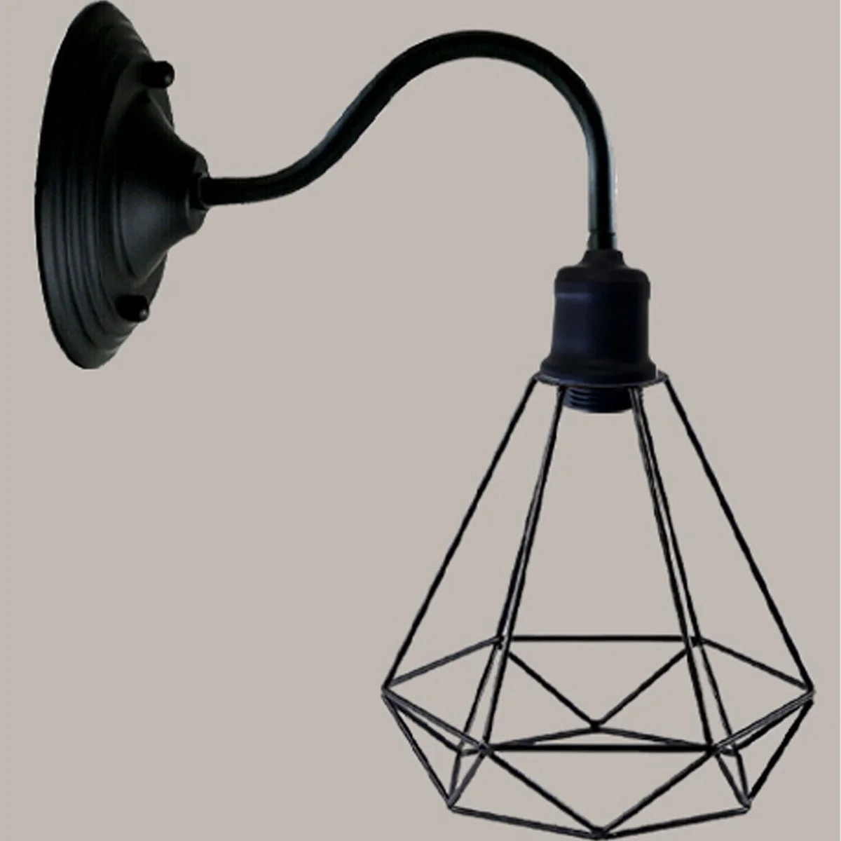 Black metal wall light with diamond-shaped shade, 20 cm diameter, vintage industrial style, mounted on wall