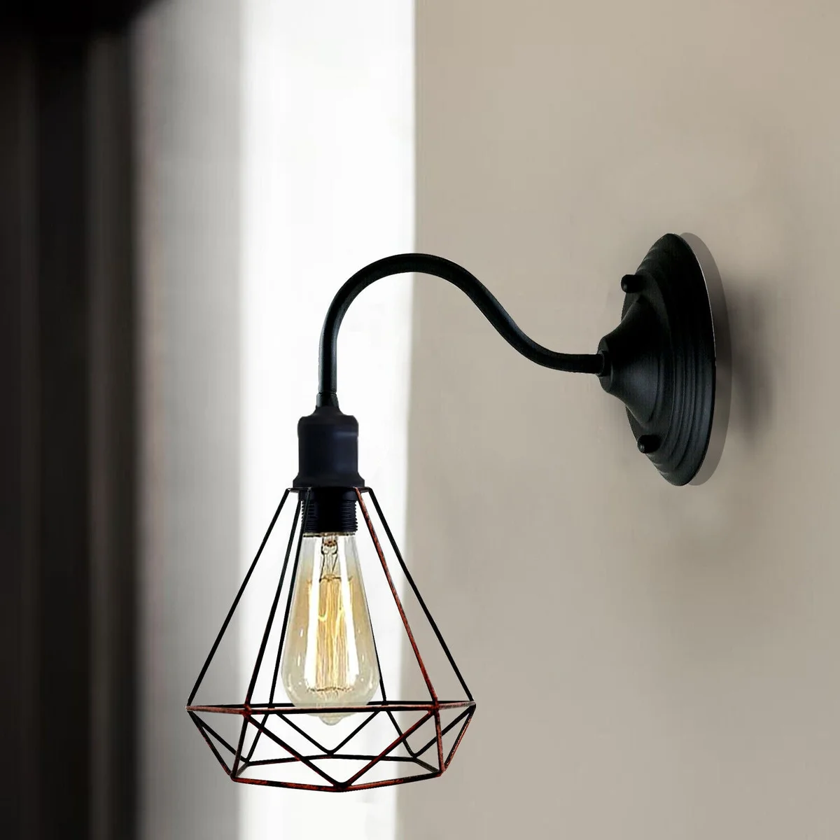 Vintage industrial wall lamp, diamond shape wall light with rust red metal shade and E27 holder