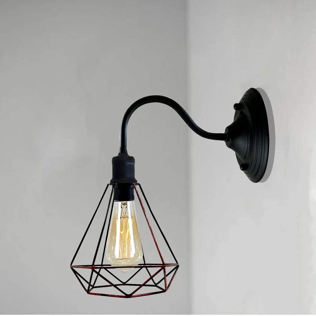 E27 lamp holder fitting with rustic red diamond metal wall shade, 20 cm diameter, vintage industrial style.