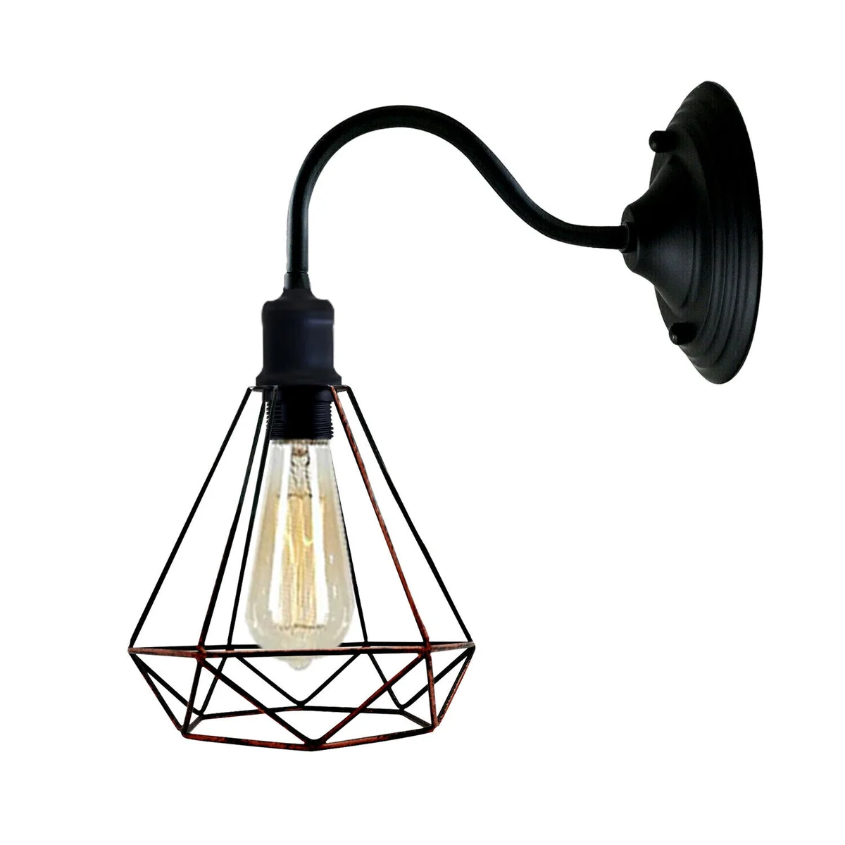 Vintage industrial wall light with 20 cm diamond-shaped rustic red metal shade and holder arm