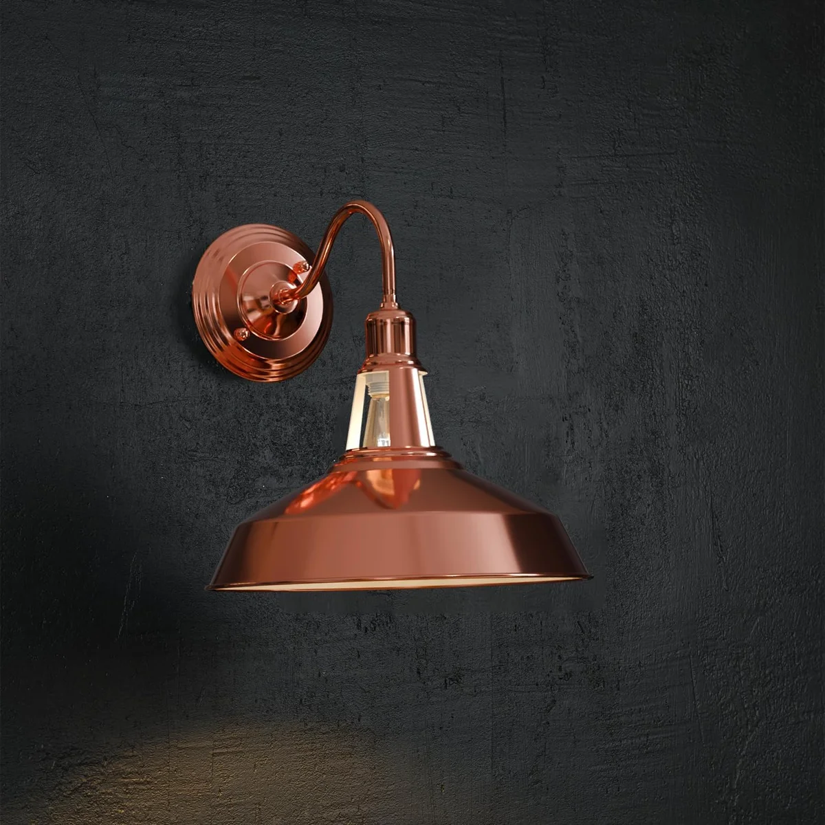 Indoor wall sconce with black metal barn slotted shade, 30cm diameter, sleek industrial look