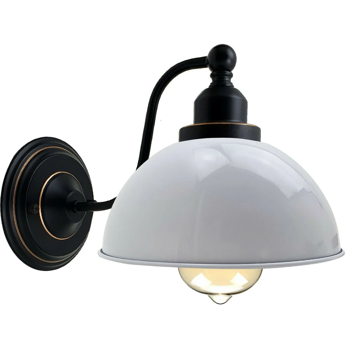 White dome‑shaped metal wall lamp with E27 holder and mounting hardware.