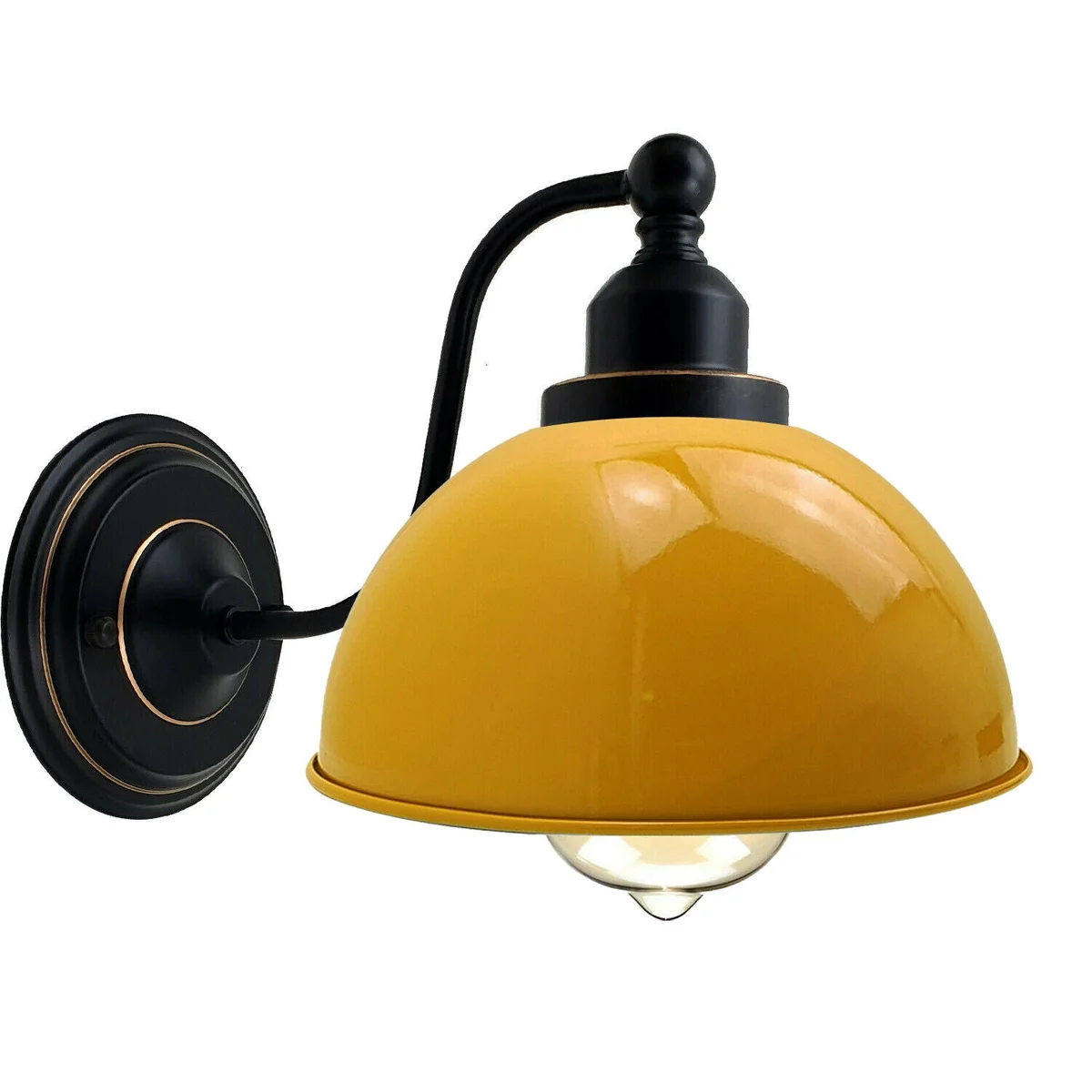 Yellow wall sconce with dome metal shade, 21cm diameter, antique brass metal frame and lamp holder, ready for indoor home use.