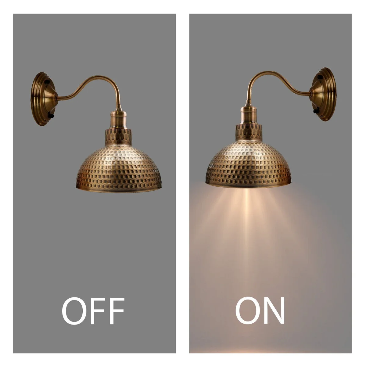 Yellow brass wall lamp with hammered metal shade, E27 holder, industrial style, mounted on interior wall