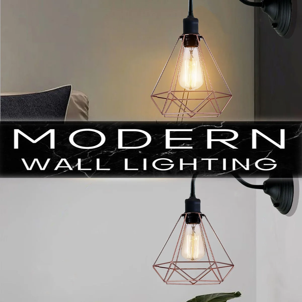 Rose gold diamond‑shaped metal vintage industrial wall light, 20 cm, with lamp holder and fitting.