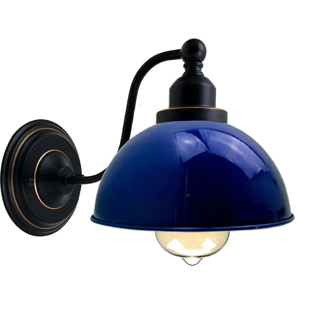 Navy blue industrial wall sconce with metal dome shade, E27 holder, ready for wall installation.