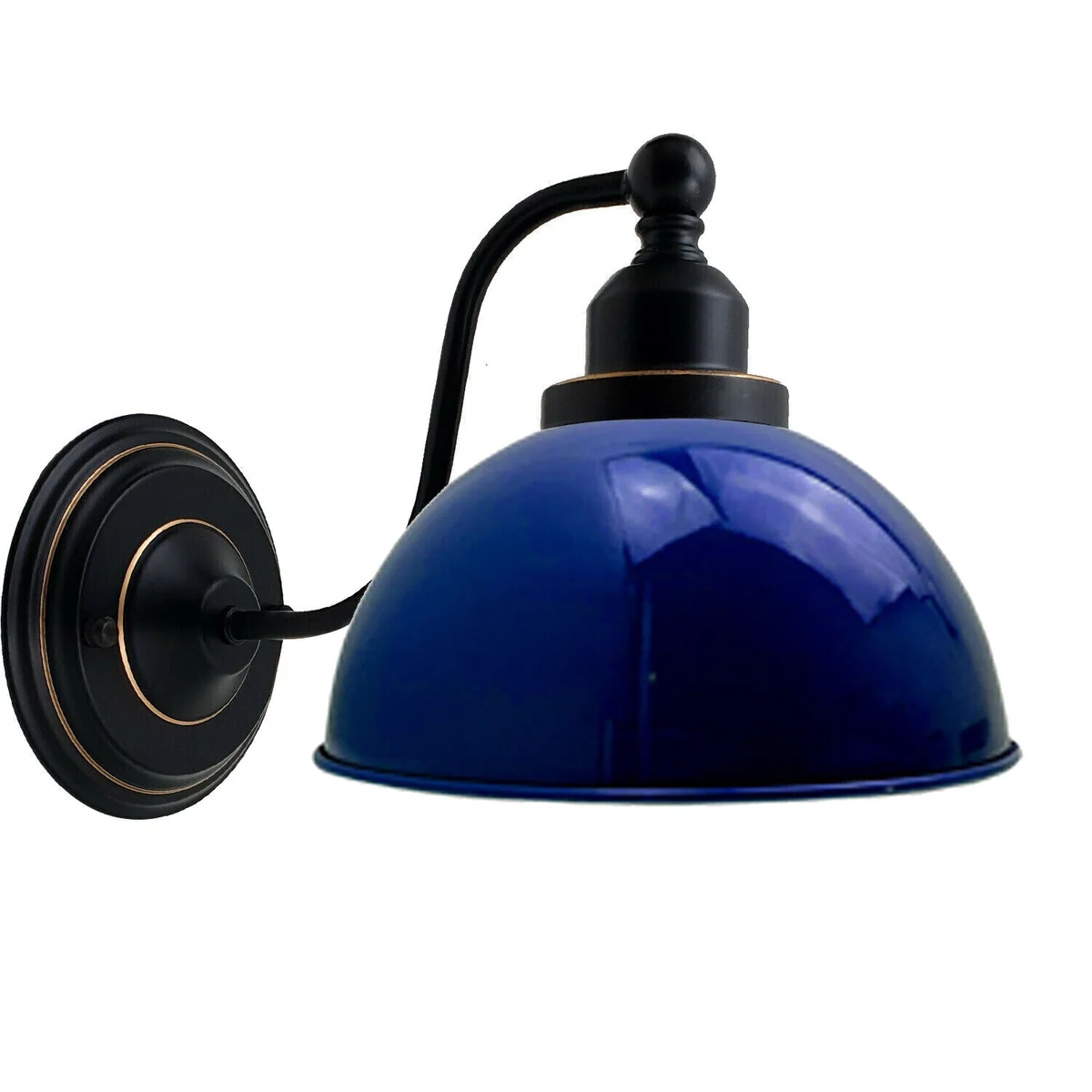 Navy blue wall lamp with metal dome shade, 21cm, vintage industrial style on a wall.