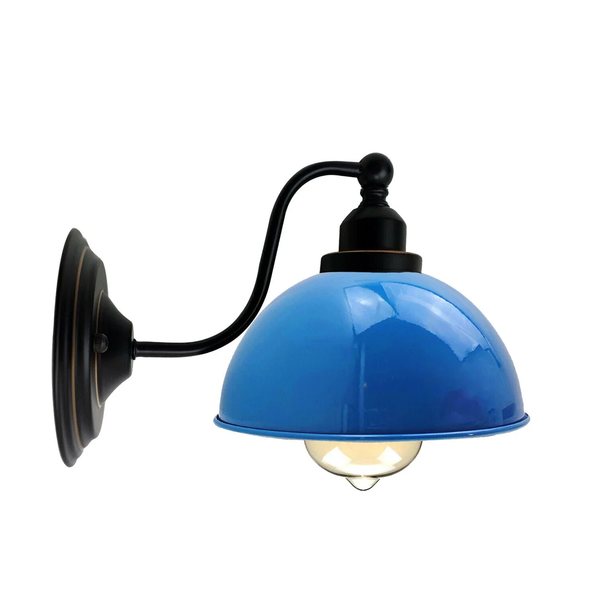 Blue metal wall sconce with dome metal shade and mounting hardware on a wall