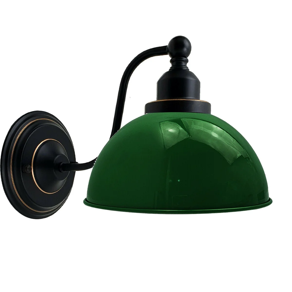 Industrial wall sconce with green metal dome shade, E27 holder, mounted on wall, modern vintage design