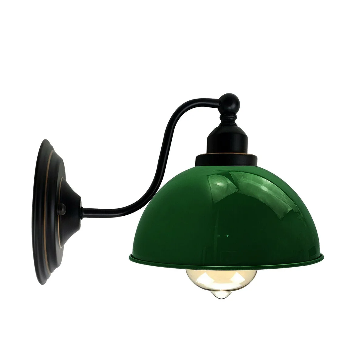 Green dome-shaped metal wall lamp, 21 cm diameter, vintage industrial style, with mounting hardware included