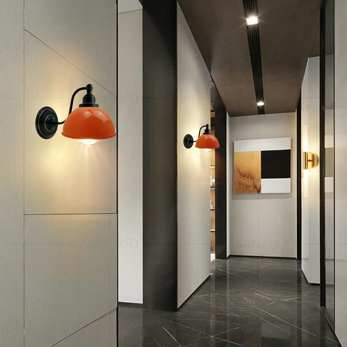 E27 wall sconce featuring a 21cm vintage industrial metal dome shade, orange finish, ready for indoor hardwired installation