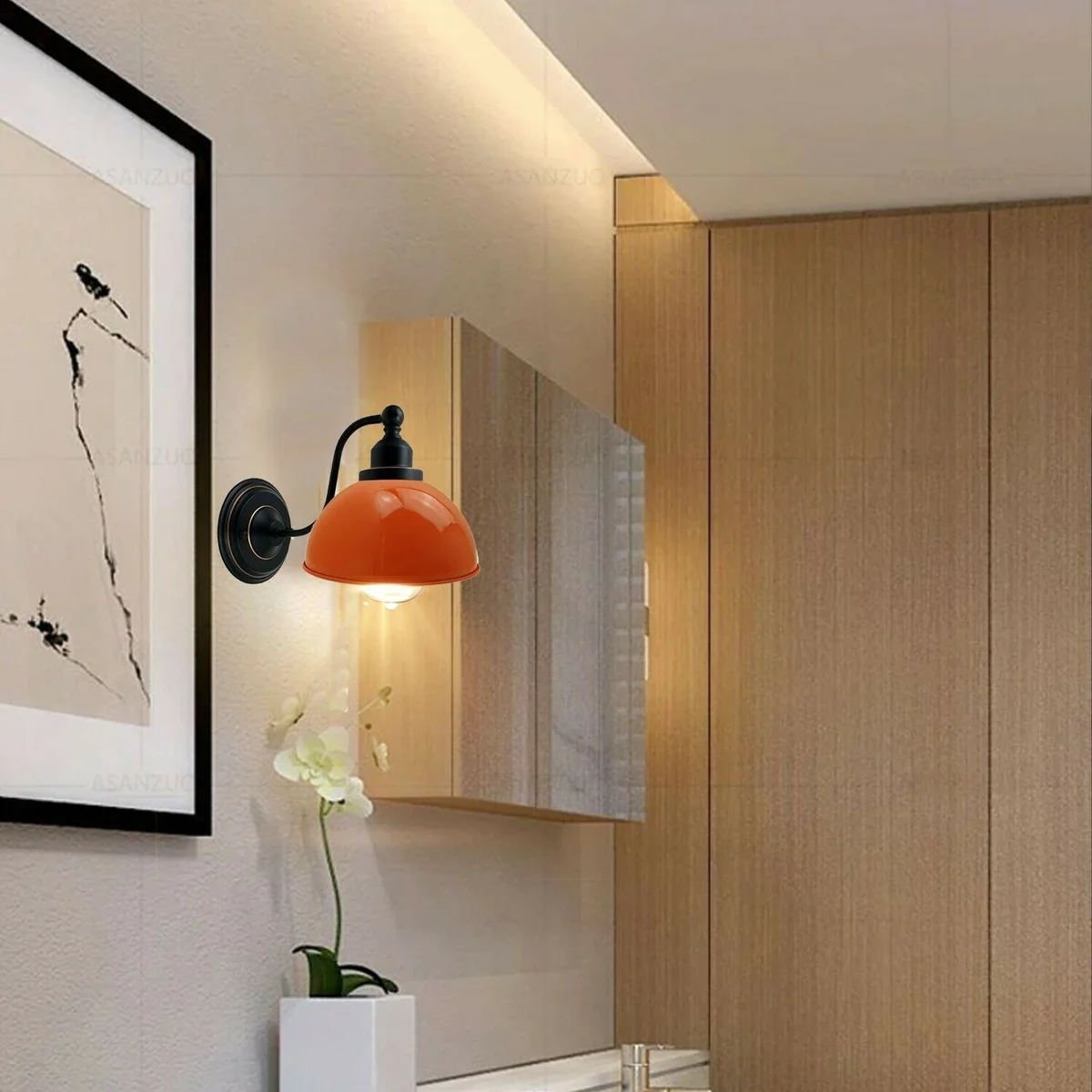 Orange vintage industrial retro wall lamp with glossy metal dome shade