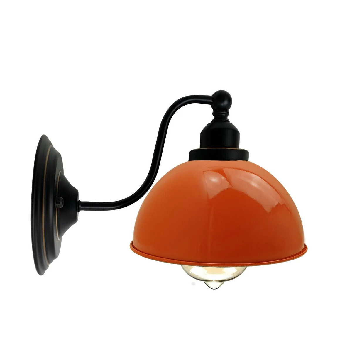 Orange industrial wall lamp with dome metal shade, 21cm diameter, E27 socket, glossy finish, wall‑mounted, vintage style.